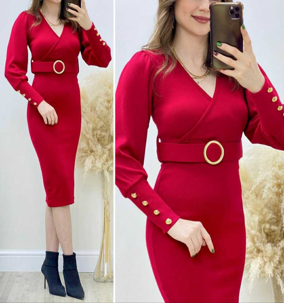 Kadın Kırmızı Kruvaze Yaka Kemerli Kol Düğme Detaylı Midi Boy Akrilik Triko Elbise - 3