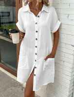 Kadın Kısa Kollu Cep Detaylı Bürümcük Kumaş Gömlek Elbise - 4