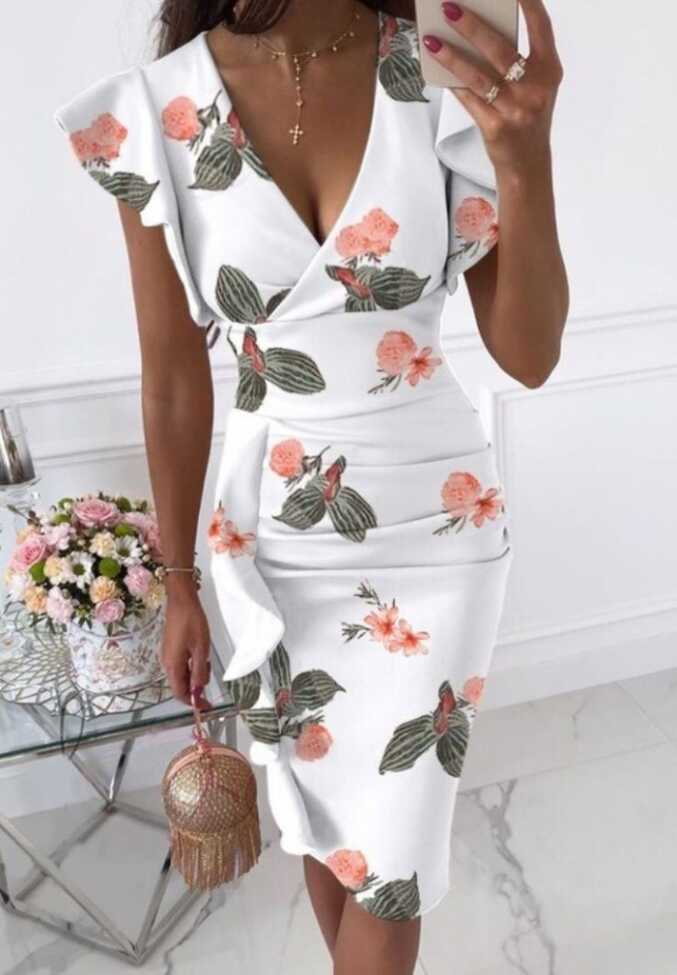 Kadın Kruvaze Yaka Kollar Volanlı çiçek Desen Dalgıç Elbise - 1