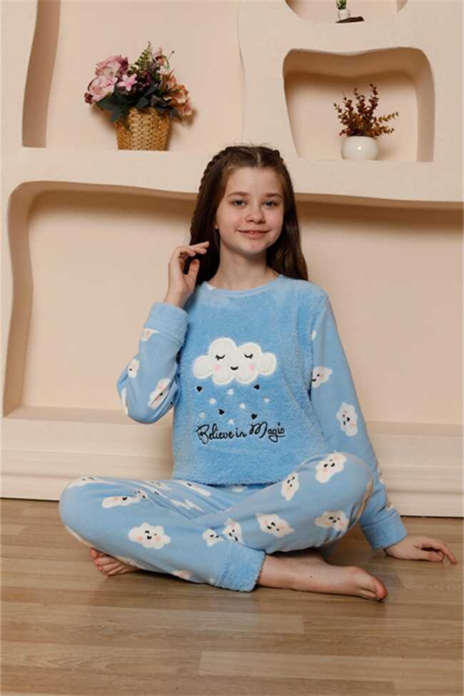 Moda Çizgi Kız Çocuk WelSoft Polar Mavi Pijama Takımı 20527 - 1
