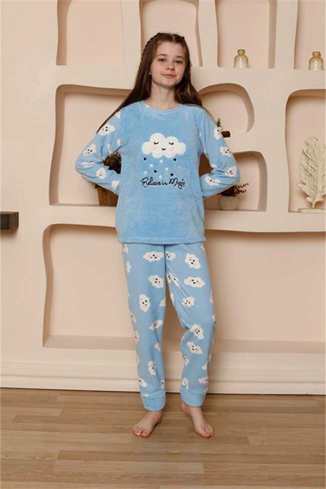 Moda Çizgi Kız Çocuk WelSoft Polar Mavi Pijama Takımı 20527 - 2