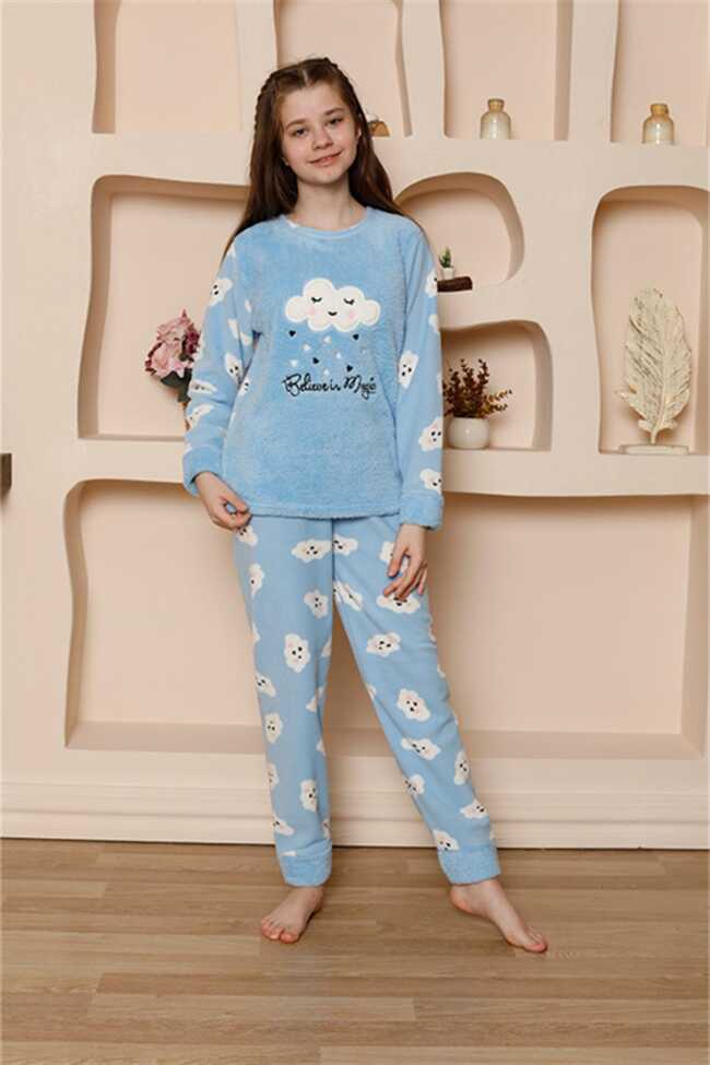 Moda Çizgi Kız Çocuk WelSoft Polar Mavi Pijama Takımı 20527 - 3